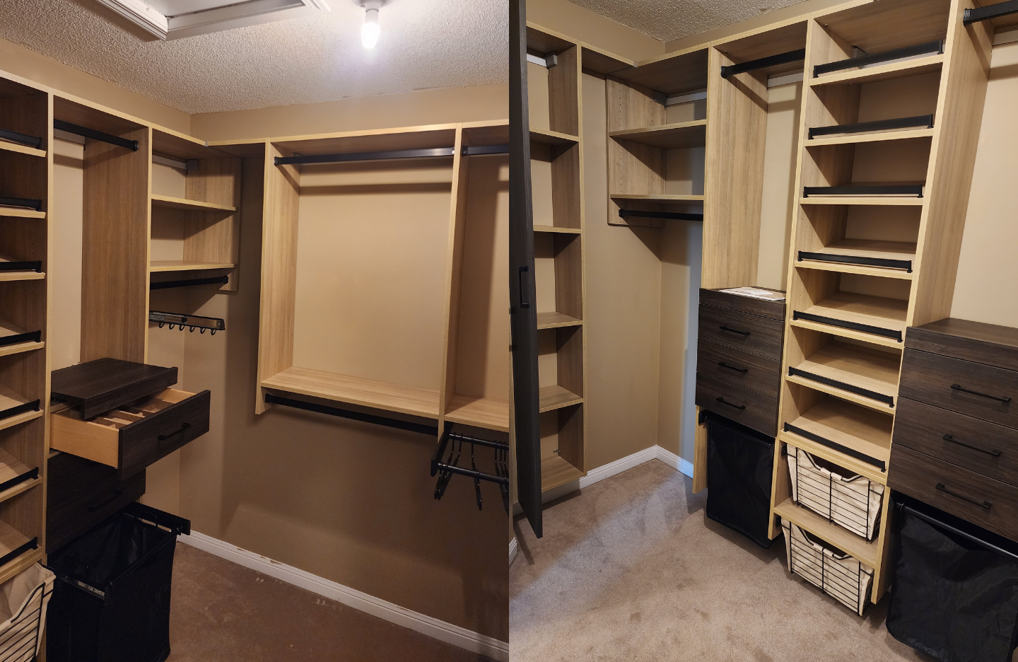 Before and after pictures of a walk in closet.