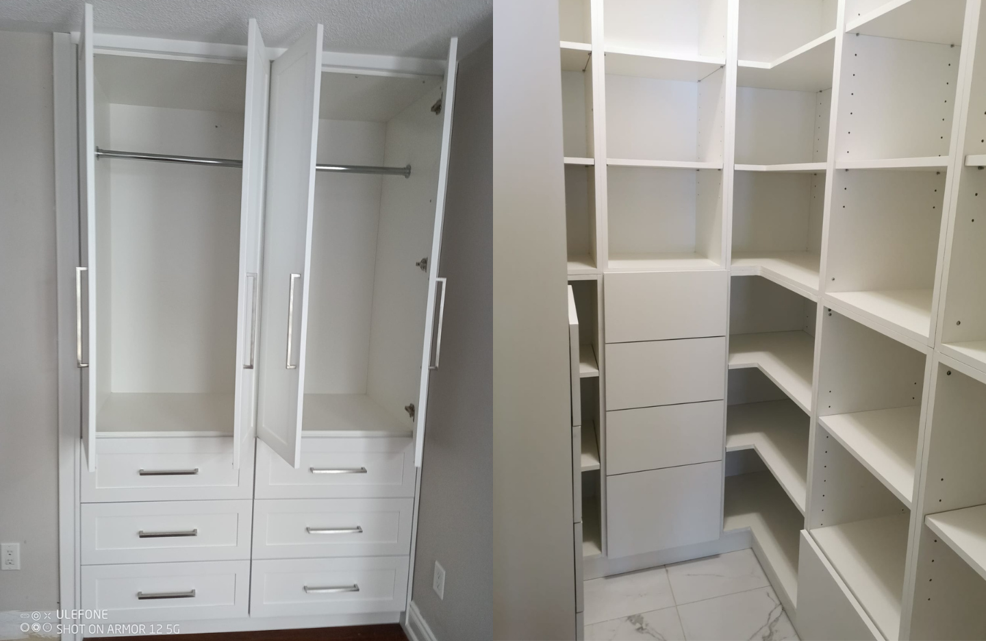 A closet with white cabinets and drawers.