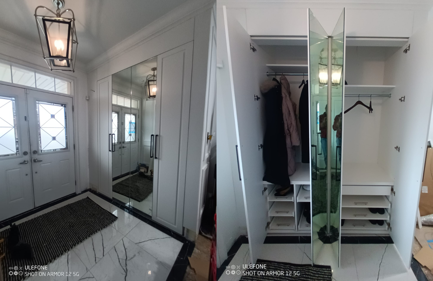 Two pictures of a closet with a mirror in it.