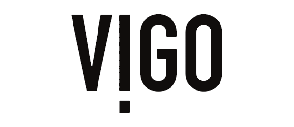 A black and white logo with the word vigo.